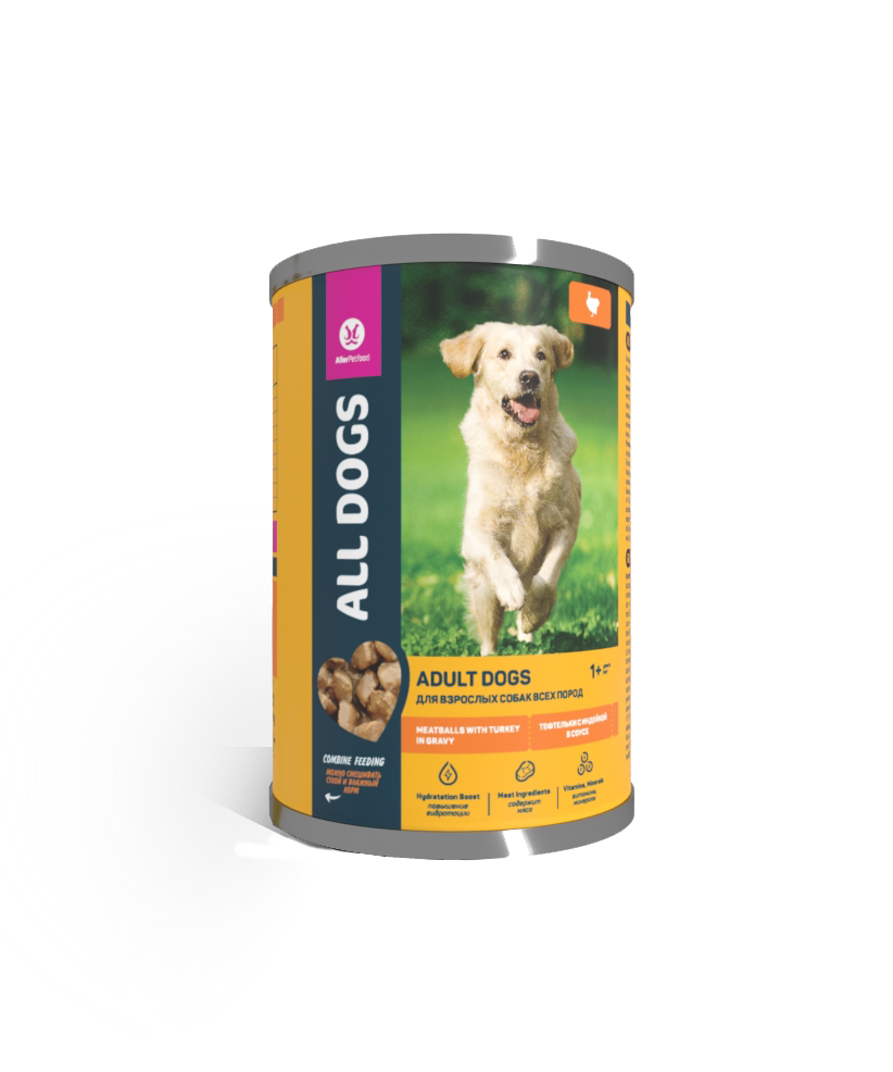 ALL DOGS консервы для собак тефтельки с индейкой в соусе, банка, 415 г