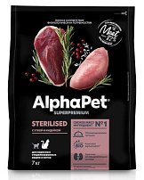 ALPHAPET SUPERPREMIUM STERILISED 7 кг сухой корм для взрослых стерилизованных кошек и котов с уткой и индейкой
